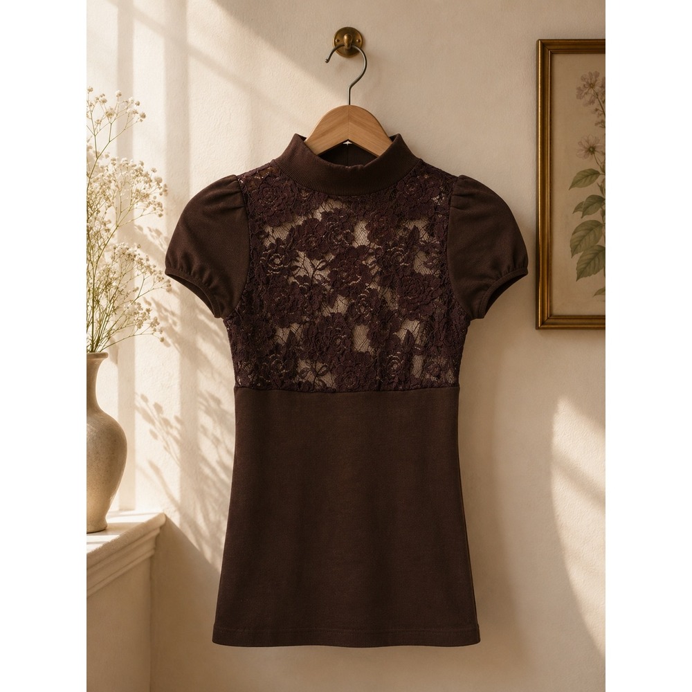 Y2K Brown Lace Mock Neck Puff Sleeve Top Floral Sheer Layering Festival